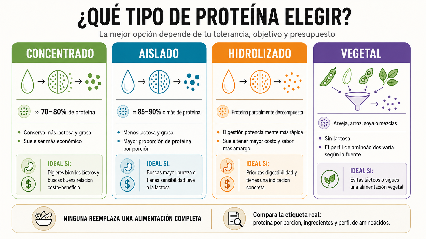 Comparativa entre proteína concentrada, aislada, hidrolizada y vegetal