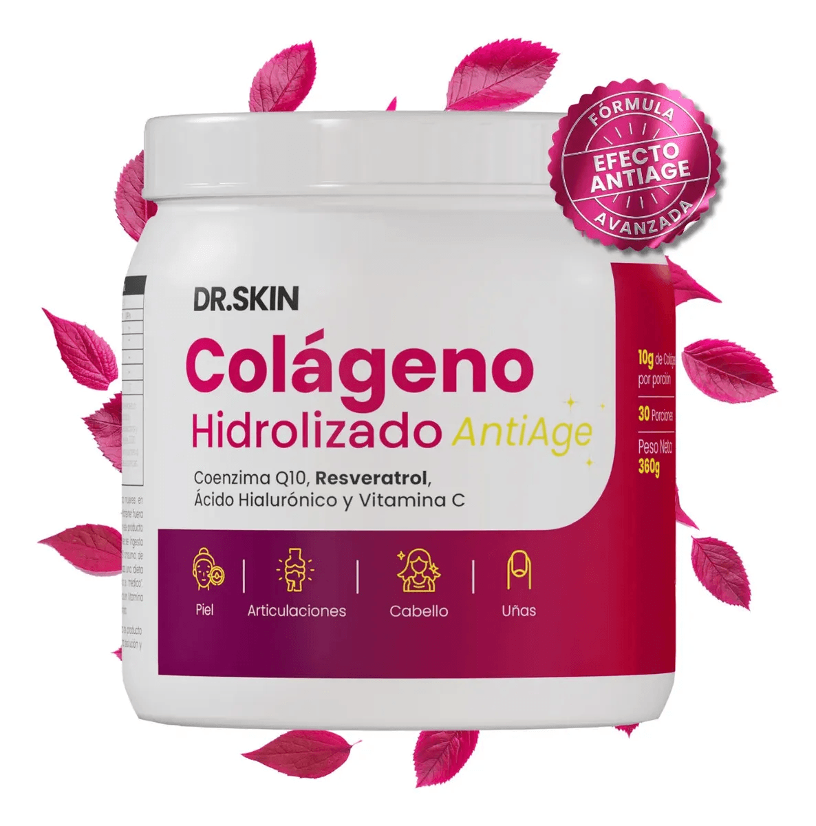 Colágeno Hidrolizado + Coenzima Q10 + Resveratrol | 10g | 360g | Dr Skin | ¡Fortalecé Piel, Articulaciones Y Cabello! Antiage Con Antioxidantes Naturales | Ácido Hialurónico Y Vitamina C