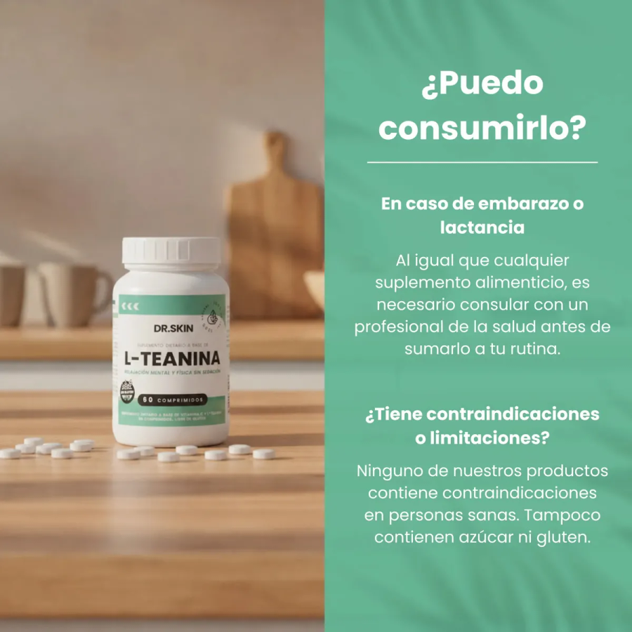 L-Teanina Dr Skin de 400 mg para Calmar Ansiedad y Mejorar el Enfoque, 60 Comprimidos Sin TACC