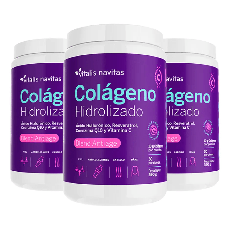 Suplemento en polvo Vitalis Navitas Colágeno Hidrolizado sabor limón en pote de360cc Plan 90 dias